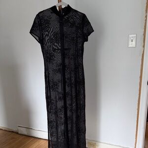 Chic Black Sheer Mesh Brocade Floral Maxi Dress Y2K